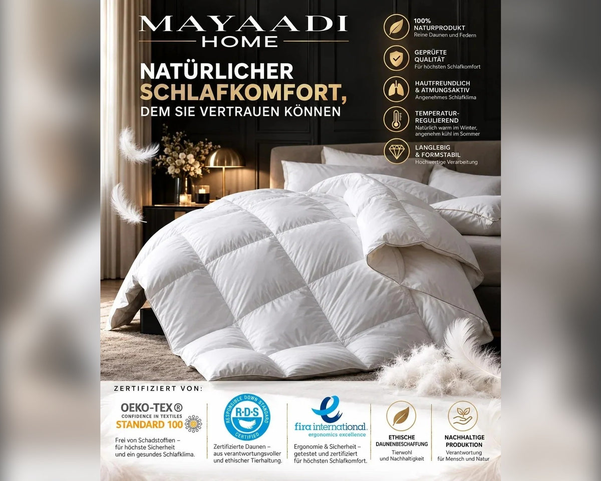 Mayaadi Daunendecke im Schlafzimmer mit Produktmerkmalen