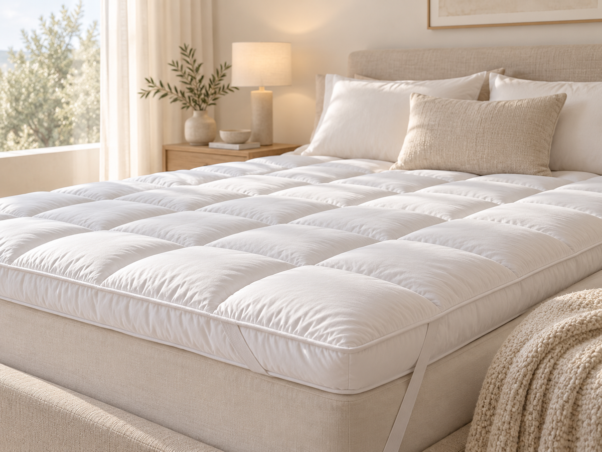 Mayaadi Matratzentopper auf einem Bett im hellen Schlafzimmer
