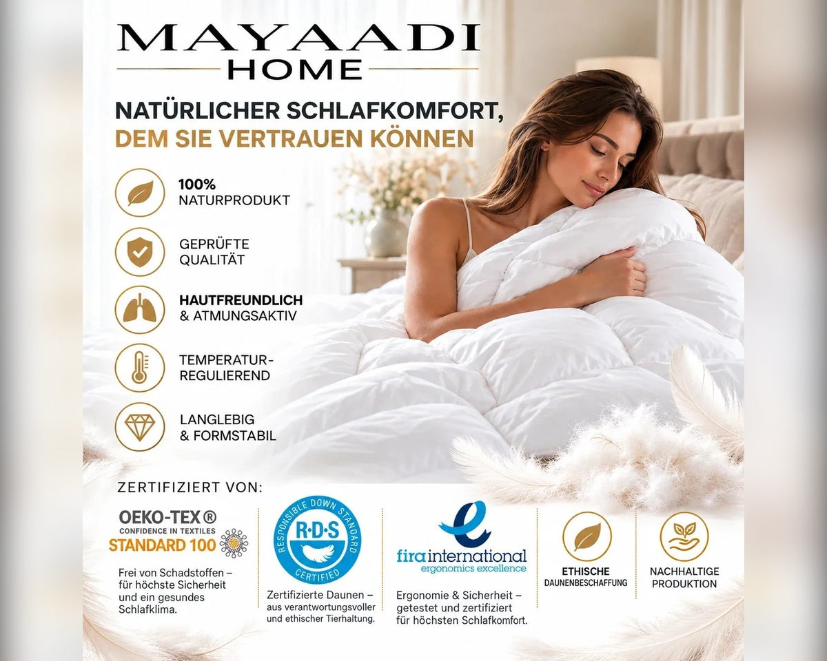 Frau kuschelt sich in eine Mayaadi Daunendecke